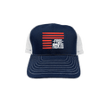 Navy trucker hat with a free America print that evokes the American flag