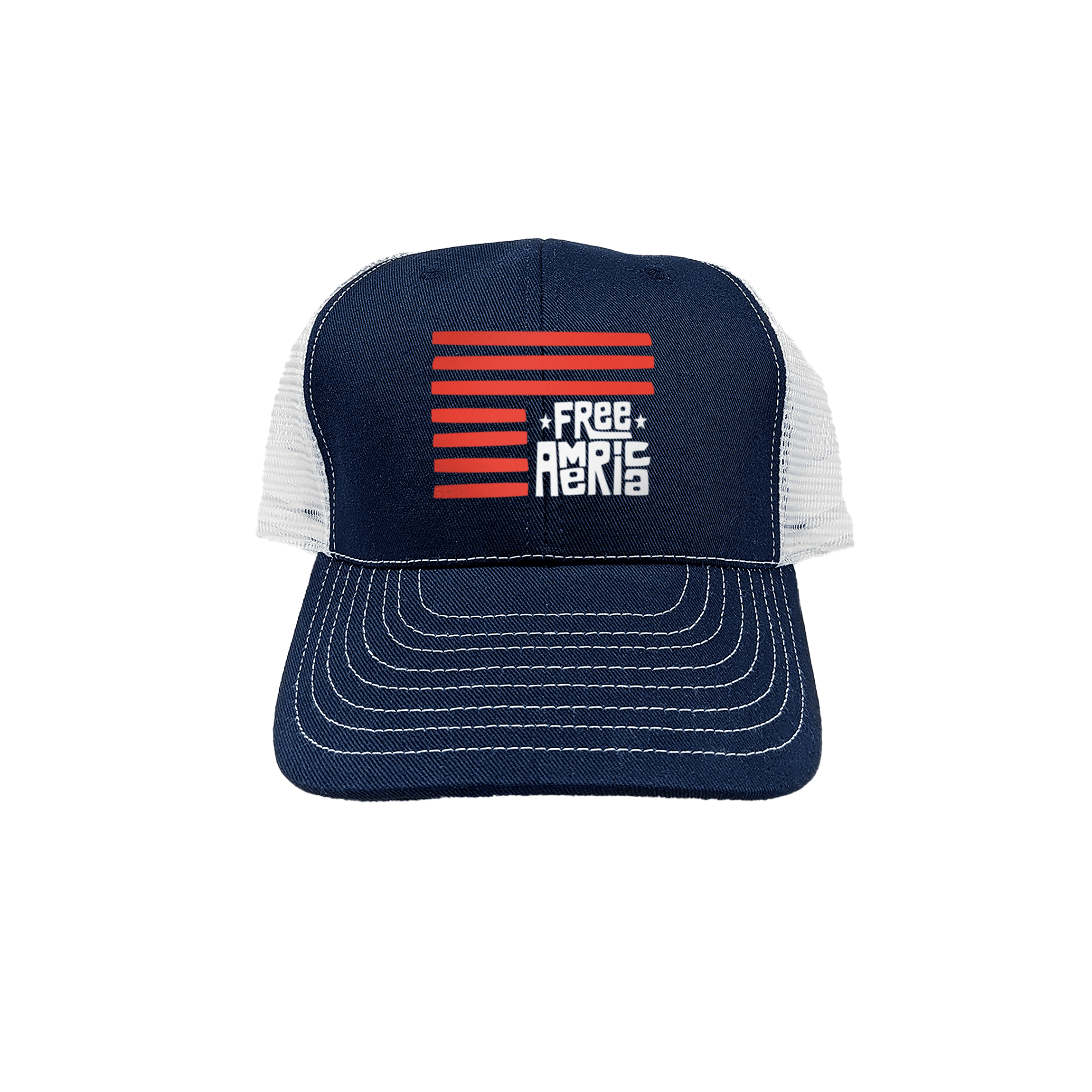 Navy trucker hat with a free America print that evokes the American flag