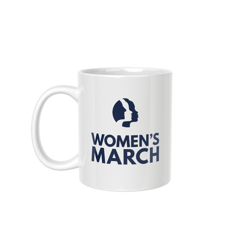 White mug with 'Women's March' logo on a white background