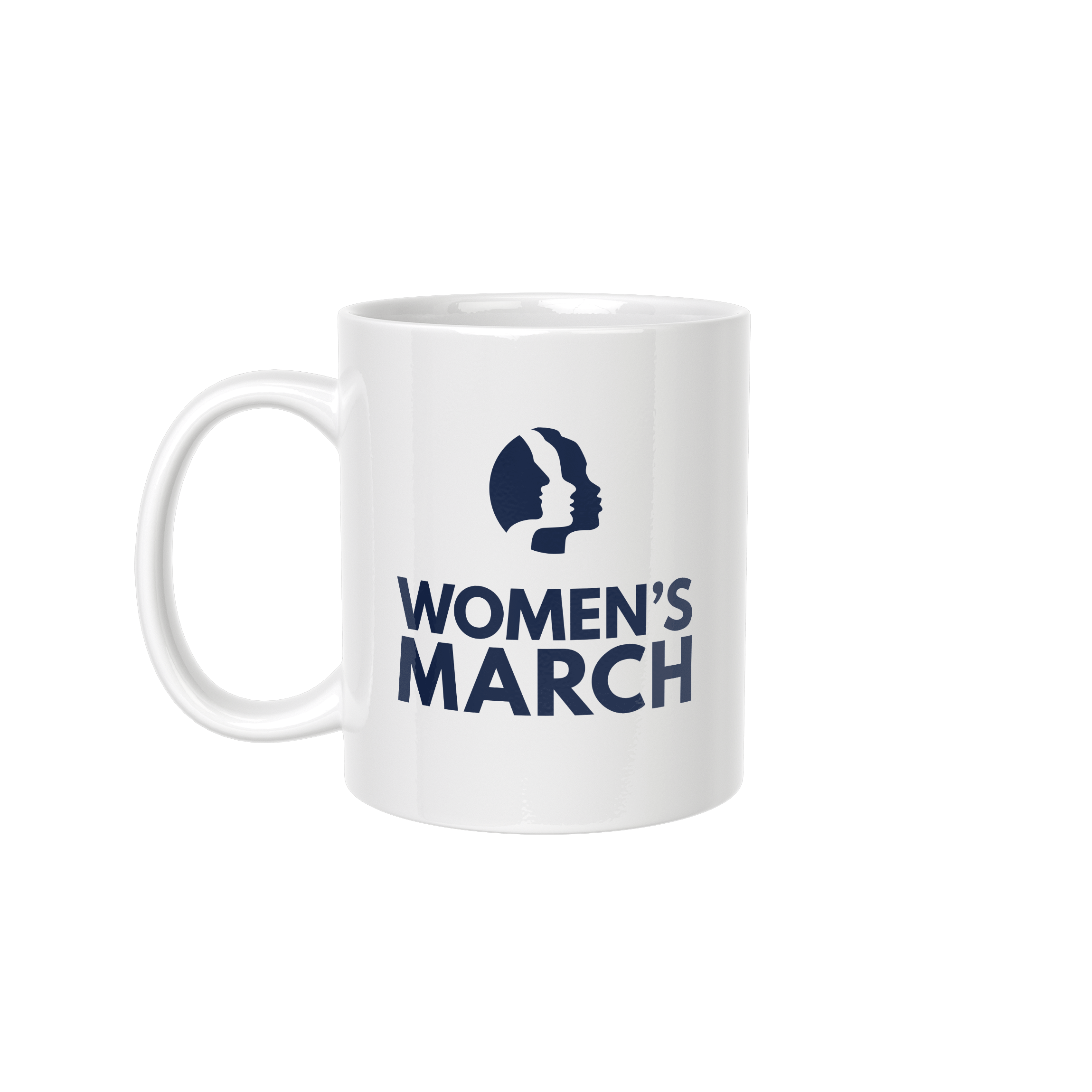 White mug with 'Women's March' logo on a white background