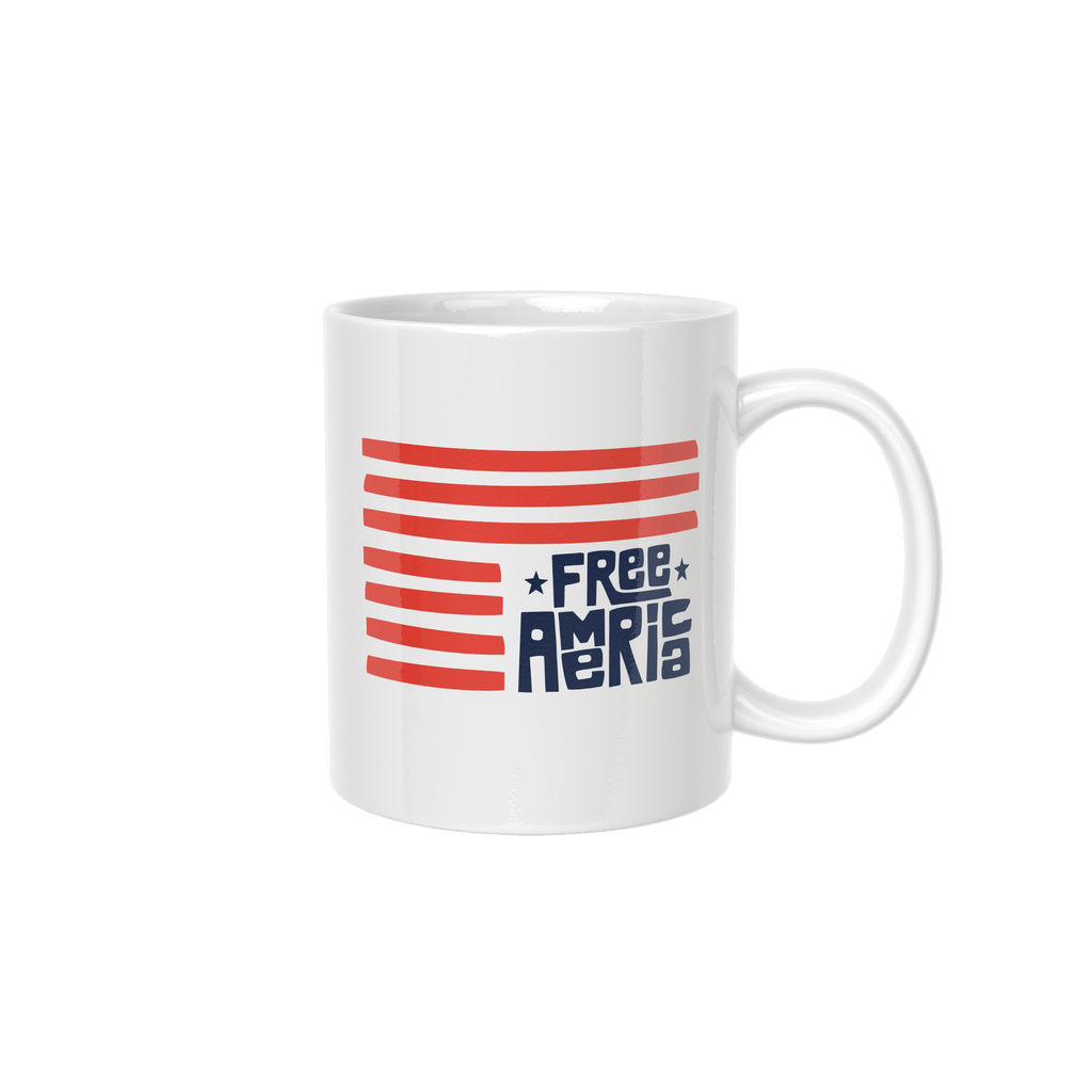 White mug with red and blue striped design and 'Free America' text on a white background