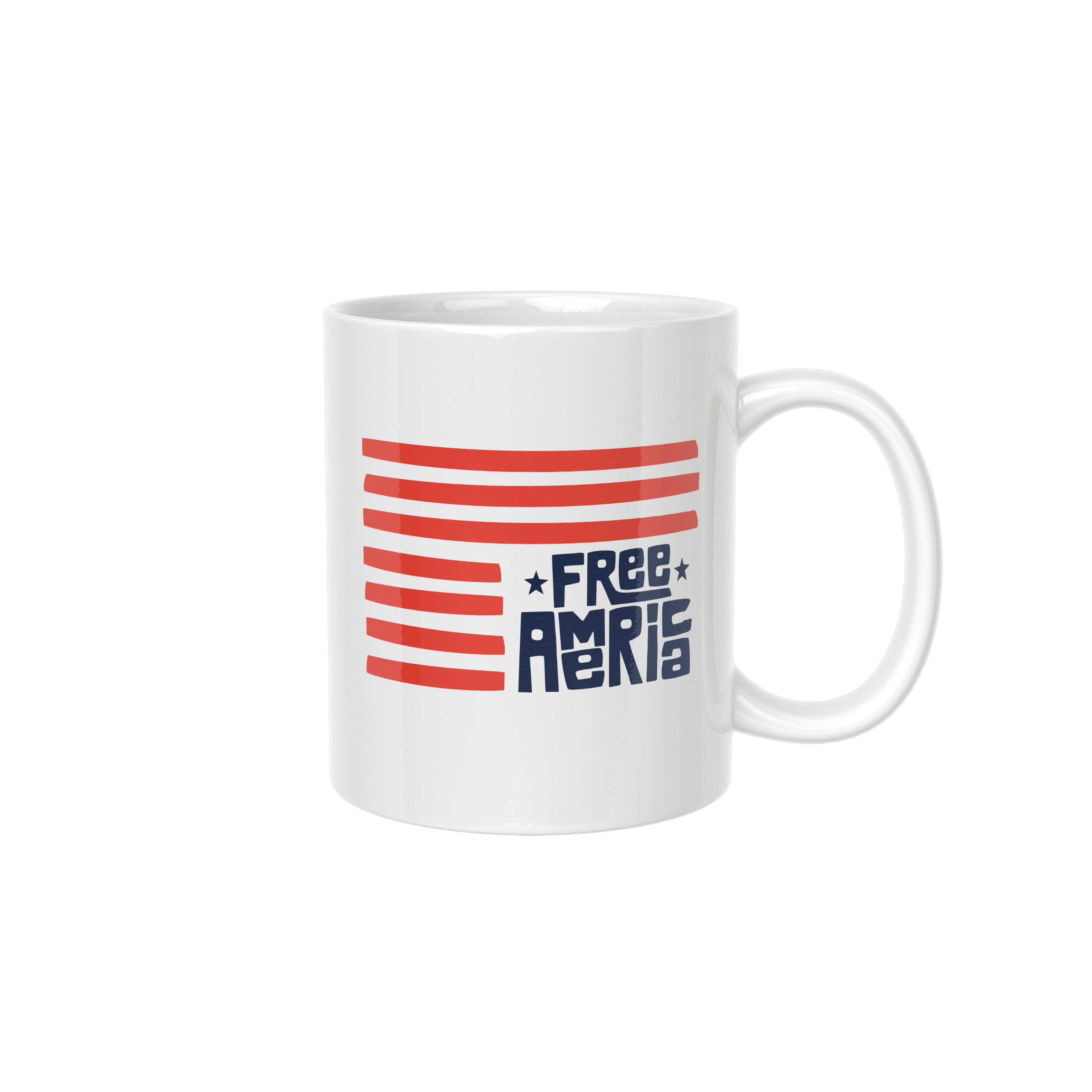 White mug with red and blue striped design and 'Free America' text on a white background