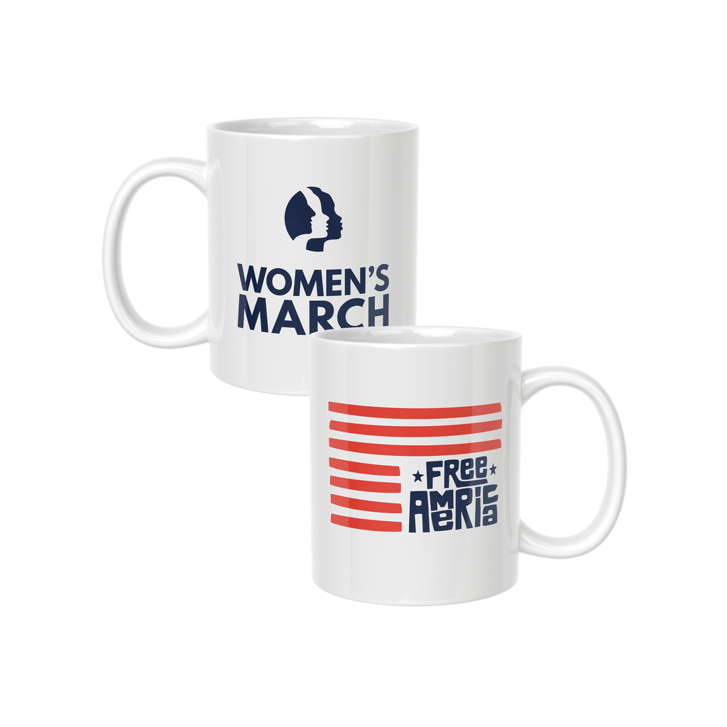 Two white mugs with 'Women's March' and 'Free America' designs on a white background