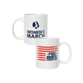 Two white mugs with 'Women's March' and 'Free America' designs on a white background