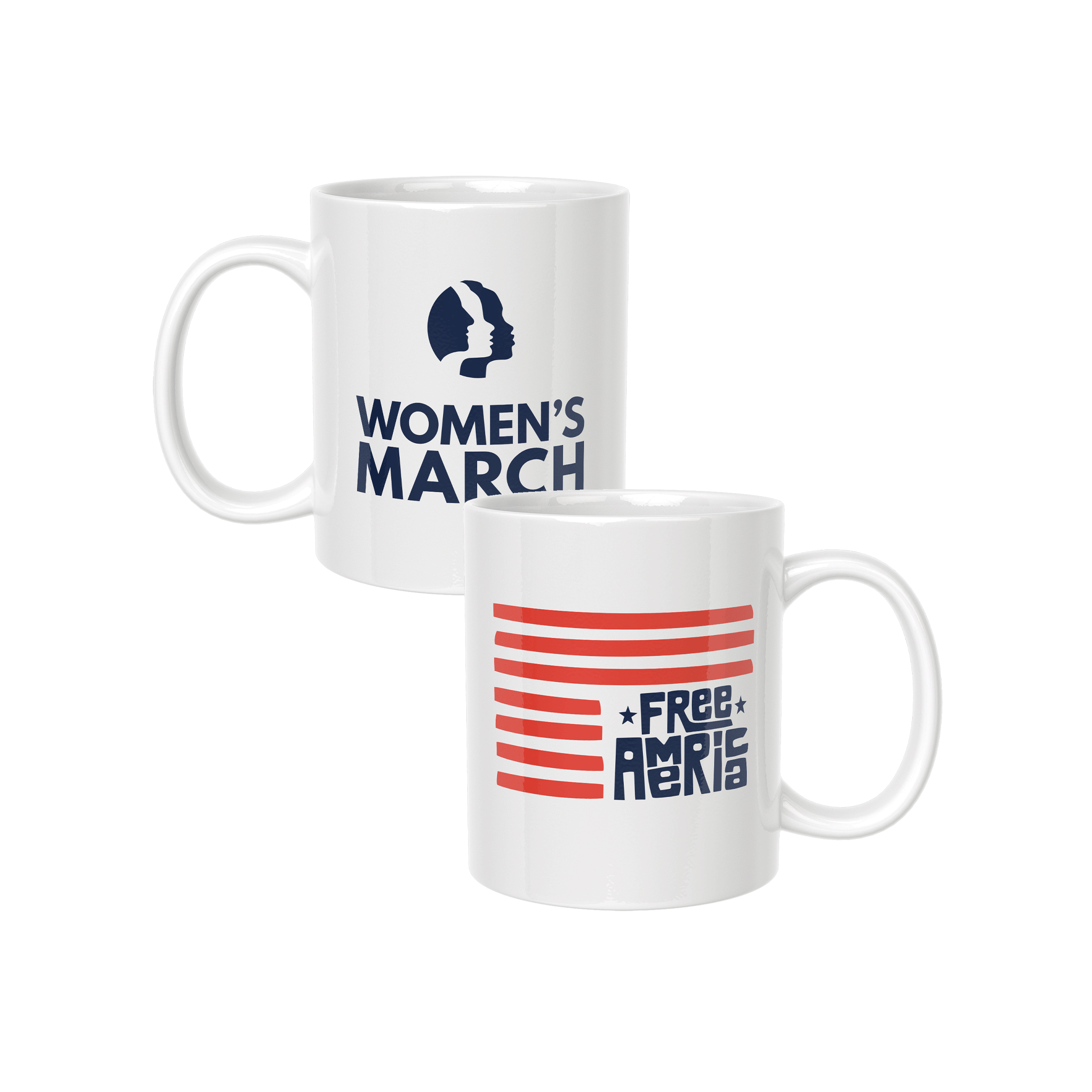 Two white mugs with 'Women's March' and 'Free America' designs on a white background